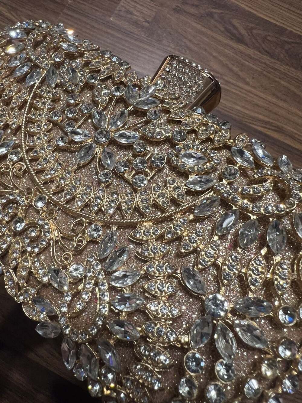Gold Rhinestone Floral Embellished Hard-Shell Evening Clutch Bag with Chain Stra - Picture 3 of 6